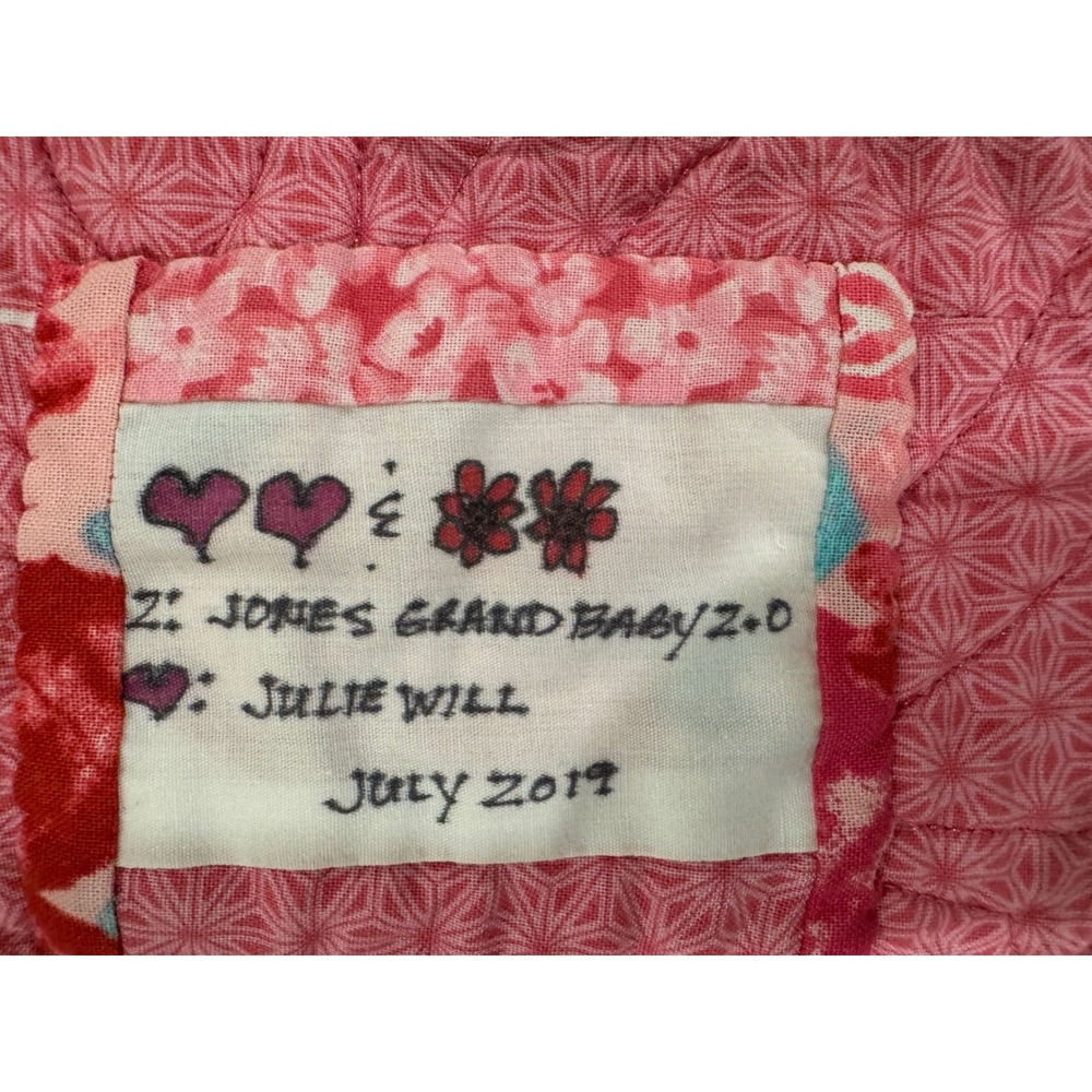 Handmade Pink Patchwork Quilt Cat Heart Floral Applique Nursery Blanket 44x44 - Picture 13 of 14